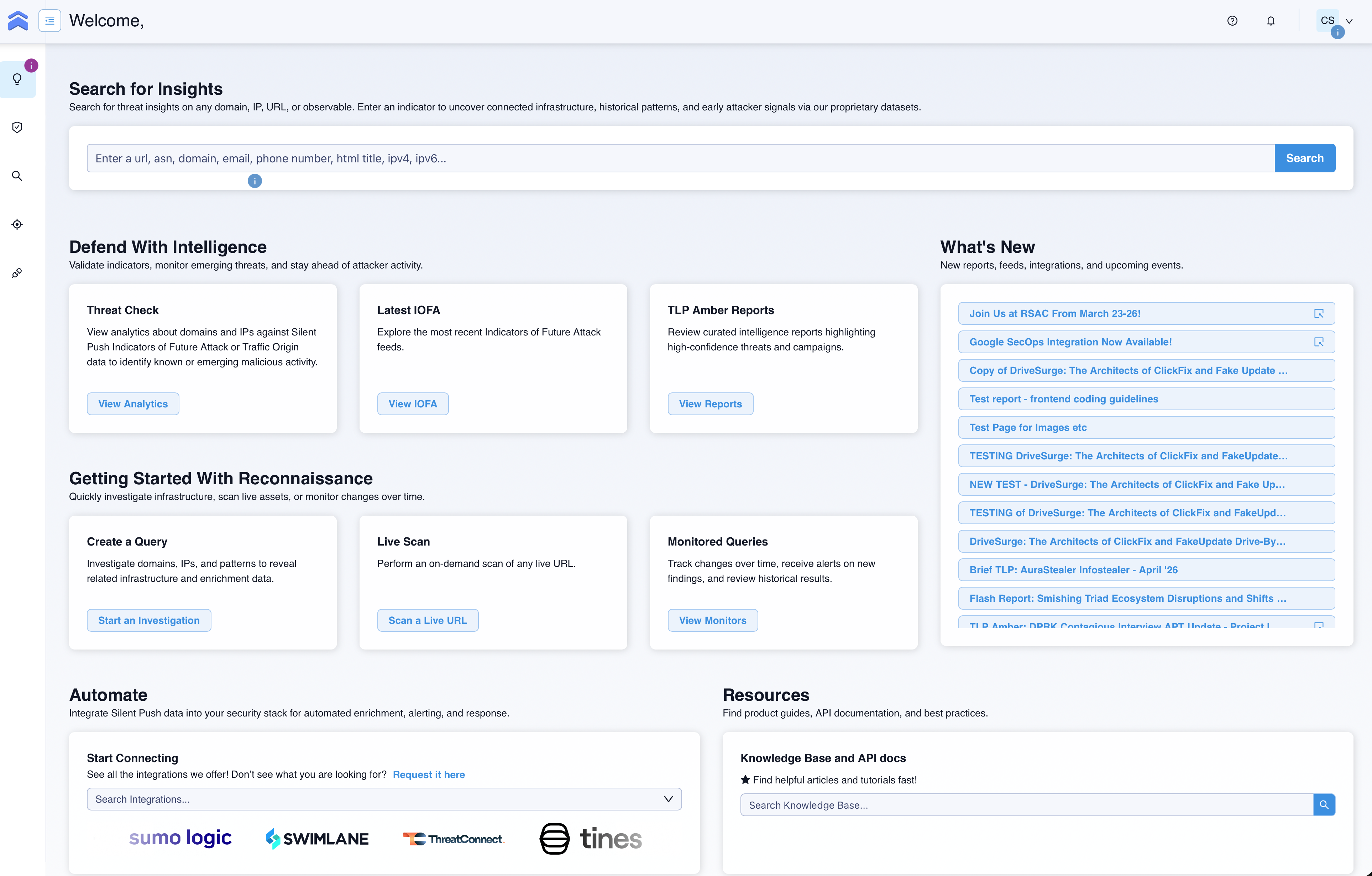 Dashboard displaying threat insights, analytics, and recent reports for cybersecurity monitoring.